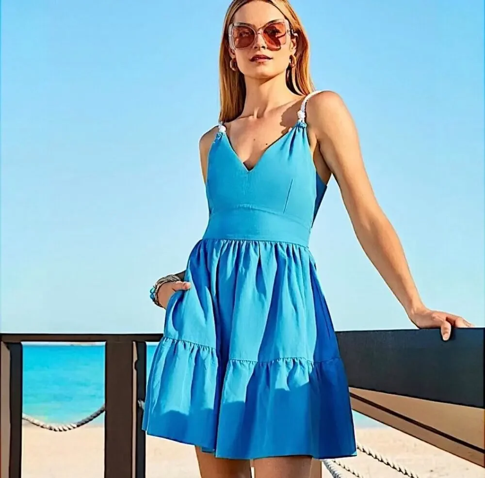Lilly Pulitzer Crishna Dress Rope Detail Blue Fit Flare Tiered Cotton Linen 4